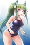  1girl blush breasts green_hair highres large_breasts long_hair looking_at_viewer menou_kaname original ponytail school_swimsuit solo swimsuit taishi_(artist) violet_eyes 