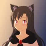  1girl animal_ears blush brown_hair cato_(monocatienus) collarbone dress gradient gradient_background imaizumi_kagerou jewelry long_hair looking_at_viewer red_eyes smile solo touhou wolf_ears 