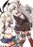  2girls :3 ^_^ amatsukaze_(kantai_collection) blonde_hair blue_skirt blush brown_eyes choker closed_eyes elbow_gloves fang garter_straps gloves hairband kantai_collection long_hair multiple_girls navel open_mouth personification red_legwear rensouhou-chan rensouhou-kun school_uniform serafuku shimakaze_(kantai_collection) silver_hair skirt striped striped_legwear thigh-highs white_gloves yuuhi_alpha 