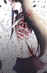  1girl akemi_homura black_hair feathers flower homulilly long_hair magical_girl mahou_shoujo_madoka_magica mahou_shoujo_madoka_magica_movie ribs simple_background skeletal_arm skirt solo spider_lily spoilers tears white_background witch_(madoka_magica) 