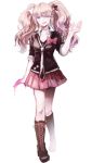  1girl bear_hair_ornament blood_on_fingers blue_eyes boots bow breasts cleavage cross-laced_footwear dangan_ronpa enoshima_junko hair_ornament highres long_hair maccha_(mochancc) necktie pink_hair school_uniform skirt sleeves_rolled_up smile solo spoilers twintails 