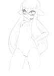 1girl hand_on_hip inkling long_hair mask monochrome one-piece_swimsuit sketch small_breasts smile solo splatoon sticky_(stickysheep) swimsuit twintails 