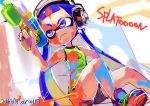  1girl ario bike_shorts blue_eyes blue_hair headphones inkling long_hair mask nintendo paint_splatter shoes slime sneakers solo splatoon super_soaker tentacle_hair twintails 