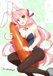  1girl akashi_(kantai_collection) alternate_costume animal_ears bare_shoulders black_legwear blush breasts bunny_girl bunny_tail bunnysuit carrot cleavage detached_collar green_eyes hair_ribbon highres hoppege kantai_collection long_hair looking_at_viewer open_mouth pantyhose pink_hair rabbit_ears ribbon smile solo tail wrist_cuffs 