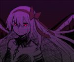  1girl akemi_homura akuma_homura bare_shoulders black_gloves black_hair bow bust choker dress elbow_gloves feathered_wings gloves hair_bow long_hair looking_at_viewer lowres mahou_shoujo_madoka_magica mahou_shoujo_madoka_magica_movie purple_background red_eyes simple_background smile solo spoilers wings 