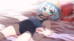  1girl alternate_costume arm_up backpack bag blue_eyes blue_hair cirno hat highres instrument kuromame_(8gou) looking_at_viewer lying on_back randoseru recorder school_hat school_swimsuit solo swimsuit touhou 
