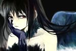  1girl akemi_homura akuma_homura bare_shoulders black_background black_gloves black_hair bust chin_rest choker dress feathered_wings gloves hand_on_own_cheek long_hair looking_at_viewer mahou_shoujo_madoka_magica mahou_shoujo_madoka_magica_movie red_eyes solo spoilers wings 