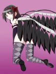  1girl akemi_homura akuma_homura argyle argyle_legwear bare_shoulders black_gloves black_hair bow choker dress elbow_gloves feathered_wings from_behind gloves hair_bow highres kneeling long_hair looking_at_viewer looking_back mahou_shoujo_madoka_magica mahou_shoujo_madoka_magica_movie purple_background simple_background solo spoilers tales1203 thigh-highs violet_eyes wings zettai_ryouiki 