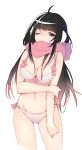  1girl ahoge black_hair bra breasts cleavage cowboy_shot earmuffs long_hair manyako_(mohumohu) navel one_eye_closed panties pink_bra pink_eyes pink_panties scarf simple_background solo underwear white_background 