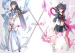  2girls black_hair blue_eyes boots breasts chain copyright_name epaulettes hair_ornament hairclip hand_on_hilt hand_on_hip junketsu katana kill_la_kill kiryuuin_satsuki living_clothes long_hair long_sleeves matoi_ryuuko midriff multicolored_hair multiple_girls redhead school_uniform scissor_blade senketsu shadow sheath sheathed short_hair skirt smile sparkle suspenders sword thigh-highs thigh_boots torn_clothes tukino_(panna) two-tone_hair weapon 