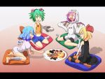  4girls :d animal_ears antennae arm_support bandages barefoot bike_shorts bird_wings blonde_hair blue_eyes blue_hair blush bow candy cape cato_(monocatienus) cirno closed_eyes collarbone cookie dress eating elbow_gloves fang food ghost_costume gloves gloves_removed green_eyes green_hair hair_bow hair_ribbon halloween_costume hoodie ice ice_wings midriff miniskirt multiple_girls mummy mystia_lorelei navel open_mouth paw_gloves pillow plate pocky purple_hair reaching red_eyes ribbon rumia shirt short_hair short_sleeves shorts shrug sitting skirt sleeveless sleeveless_shirt sleeves_past_wrists smile socks striped striped_legwear team_9 thigh-highs touhou tsurime wariza wings witch wolf_ears wriggle_nightbug 