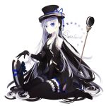  black_hair blue_eyes cane cookie dress elbow_gloves food food_themed_clothes gloves hat long_hair multicolored_hair nekonabe_ao oreo original personification ribbon thigh-highs two-tone_hair very_long_hair white_hair zettai_ryouiki 