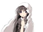  1girl akemi_homura black_hair blanket blush dress funeral_dress hairband hand_on_own_chest iwashi_(ankh) long_hair looking_at_viewer mahou_shoujo_madoka_magica mahou_shoujo_madoka_magica_movie open_mouth simple_background solo spoilers violet_eyes white_background 