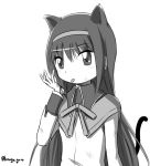  1girl akemi_homura animal_ears black_hair bruise cat_ears cat_tail hairband hipporit injury kemonomimi_mode long_hair looking_at_viewer magical_girl mahou_shoujo_madoka_magica monochrome ribbon signature simple_background solo tail tongue tongue_out white_background 