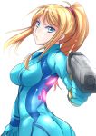  1girl blonde_hair blue_eyes bodysuit breasts female kitayama_miuki long_hair looking_at_viewer metroid samus_aran simple_background solo white_background zero_suit 