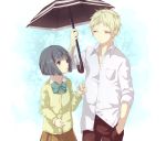  1boy 1girl black_hair blonde_hair isshuukan_friends kiryuu_shougo sanatsu_(humoh) school_uniform umbrella yamagishi_saki 