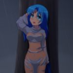  1girl blue_eyes blue_hair blush cato_(monocatienus) covered_navel dress hand_on_own_head headwear_removed kumoi_ichirin long_hair long_sleeves no_panties open_mouth rain see-through solo touhou tree turtleneck wet wet_clothes 