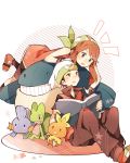  1boy 1girl bandana bike_shorts black_hair blue_eyes book brown_hair doll fingerless_gloves fuuko_(2679566944) gloves haruka_(pokemon) haruka_(pokemon_emerald) hat mudkip open_mouth pokemon pokemon_(game) pokemon_rse reading red_eyes shirt shoes short_hair short_sleeves sleeveless star torchic treecko two_side_up wailmer yuuki_(pokemon) yuuki_(pokemon_emerald) 