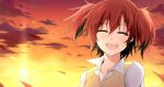  1girl akuma_no_riddle closed_eyes kago-tan open_mouth redhead school_uniform short_hair smile solo sunset twintails 