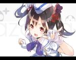  black_hair bow bowtie dress gloves hair_bow hat jewelry love_live!_school_idol_project lowres open_mouth red_eyes short_hair smile twintails white_gloves yuugen 