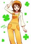  1girl brown_eyes brown_hair character_name happinesscharge_precure! oomori_yuuko overalls precure shirono shirt short_hair smile solo white_background 