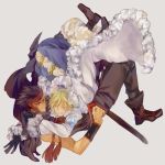  2boys black_hair blonde_hair blush_stickers boots clenched_teeth cloak falling fay_d_flourite forehead_protector fur_trim gloves grey_background henachoko hug kurogane looking_at_another male multiple_boys open_mouth pants scarf sheath short_hair simple_background smile sword tassel tsubasa_chronicle weapon 