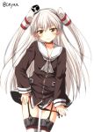  1girl amatsukaze_(kantai_collection) black_panties blush brown_eyes garter_straps kantai_collection long_hair looking_at_viewer panties panty_pull red_legwear school_uniform serafuku side-tie_panties silver_hair simple_background smile solo striped striped_legwear thigh-highs twintails underwear white_background yua_(checkmate) 