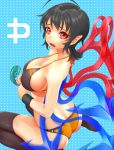  1girl ahoge ass asymmetrical_wings bare_shoulders bikini black_hair black_legwear breasts cleavage fangs gishu highres houjuu_nue large_breasts looking_at_viewer open_mouth pointy_ears red_eyes sideboob sitting snake solo strap_gap swimsuit thigh-highs touhou wariza wavy_mouth wings wristband 