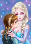  2girls anna_(frozen) aqua_eyes bare_shoulders blue_eyes braid brown_hair dr.chopper_(dalryu00) elsa_(frozen) eyeshadow frozen_(disney) half-closed_eyes hug lipstick long_sleeves makeup multicolored_hair multiple_girls platinum_blonde profile red_lipstick siblings single_braid sisters twin_braids two-tone_hair 