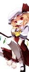  1girl ascot asymmetrical_hair blonde_hair clere fang flandre_scarlet hat long_hair open_mouth red_eyes red_skirt side_ponytail simple_background skirt smile solo thigh-highs touhou white_background white_legwear wings 
