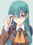  1girl bespectacled glasses green_eyes green_hair hair_ornament hairclip hand_on_glasses kamukamu kantai_collection long_hair one_eye_closed school_uniform simple_background smile solo suzuya_(kantai_collection) tagme wink 