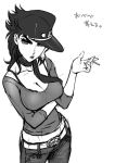  1girl black_hair breasts cigarette cleavage genderswap greyscale hat jojo_no_kimyou_na_bouken kotatsu0803 kuujou_joutarou large_breasts midriff monochrome solo 