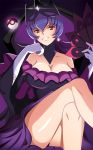  1girl alternate_costume bare_legs bare_shoulders breasts choker cleavage crossed_legs crown dress earrings fan flipped_hair frilled_dress frills glint gloves grin highres jewelry large_breasts long_hair looking_at_viewer natsume_(pokemon) poke_ball pokemon pokemon_(game) pokemon_bw2 pokewood purple_dress purple_hair red_eyes sitting smile solo telekinesis throne vivivoovoo white_gloves wide_sleeves 