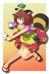  1girl animal_ears bangle blouse bracelet brown_hair capelet cato_(monocatienus) flask flip-flops futatsuiwa_mamizou glasses headwear_removed highres jewelry leaf looking_at_viewer notepad paper raccoon_ears raccoon_tail sandals semi-rimless_glasses short_hair skirt smile solo standing_on_one_leg tail touhou yellow_eyes 