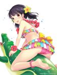  1girl :d ass black_eyes black_hair blush crocodile crocodilian flower flower_on_head frilled_swimsuit frills hair_ornament ilog looking_at_viewer occhan_(artist) official_art open_mouth smile solo swimsuit tagme toy twintails 