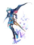  1girl 9tt6 armor blue_eyes blue_hair boots cape fire_emblem fire_emblem:_kakusei headband long_hair lucina nintendo solo sword thigh-highs weapon 