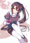  1girl ariko_youichi arm_support asymmetrical_hair brown_eyes brown_hair elbow_gloves gloves hair_between_eyes kantai_collection long_hair nachi_(kantai_collection) petals side_ponytail smile solo tagme thigh-highs twitter_username 