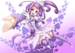  1girl :d arm_warmers asymmetrical_hair boots bow choker cure_sword curly_hair dokidoki!_precure earrings hair_ornament jewelry kangakuraku12 kenzaki_makoto magical_girl open_mouth outstretched_hand precure purple purple_hair purple_legwear purple_skirt ribbon short_hair side_ponytail skirt smile solo spade spade_hair_ornament thigh-highs thigh_boots violet_eyes 