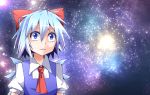  1girl blue_eyes blue_hair bow cirno hair_bow highres hiro_(pqtks113) open_mouth short_hair solo space star_(sky) touhou wings 