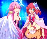  2girls :d angel_wings bare_shoulders blue_eyes breasts feathered_wings jibril_(no_game_no_life) long_hair looking_at_viewer low_wings magic_circle multiple_girls no_game_no_life one_eye_closed open_mouth pink_hair redhead short_hair smile stephanie_dora white_wings wings wink 
