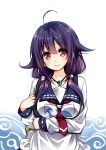  1girl ahoge amagai_yukino blush breasts jewelry kantai_collection large_breasts long_hair looking_at_viewer low_twintails magatama necklace purple_hair red_eyes smile solo taigei_(kantai_collection) twintails 