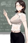  1girl blush breasts brown_eyes brown_hair chalkboard looking_at_viewer ogros see-through solo sweat sweating sweating_profusely teacher wet wet_clothes wet_shirt 