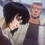  1boy 1girl batou black_hair blue_eyes ghost_in_the_shell ilya_kuvshinov kusanagi_motoko lips making_of nose short_hair soft_focus solo_focus white_hair 