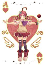  1girl ace ahoge andou_ringo apple black_legwear boooo-im card character_hair_ornament drill_hair food fruit green_eyes hair_ornament heart highres object_namesake outstretched_arms playing_card puyo_(puyopuyo) puyopuyo puyopuyo_7 red_skirt redhead shoes short_hair shorts shorts_under_skirt skirt smile solo spread_arms standing sweater_vest thigh-highs twin_drills twintails 