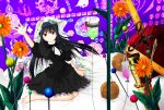  1girl akemi_homura barefoot bed black_hair blanket dress flower funeral_dress hairband highres intravenous_drip long_hair looking_at_viewer mahou_shoujo_madoka_magica mahou_shoujo_madoka_magica_movie needle nut_(food) outstretched_arm ruler sitting solo spoilers syringe violet_eyes witch&#039;s_labyrinth zumikuni 