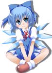  1girl blue_eyes blue_hair blush bow cirno hair_bow ice ice_wings indian_style short_hair sitting solo touhou train_90 white_background wings 