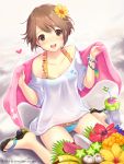  1girl :d brown_eyes brown_hair flower flower_on_head food fruit ilog looking_at_viewer occhan_(artist) official_art open_mouth short_hair sitting smile solo swimsuit swimsuit_under_clothes t-shirt tagme towel 