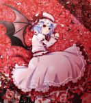  1girl bat_wings blue_hair bow chitose_(usacan) dress hat hat_bow highres juliet_sleeves long_sleeves looking_at_viewer lying mob_cap on_side petals pink_dress puffy_sleeves red_eyes remilia_scarlet sash solo tile_floor tiles touhou wings 