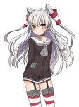  1girl absurdres amatsukaze_(kantai_collection) brown_eyes garter_straps highres kantai_collection long_hair personification pororigenki school_uniform serafuku silver_hair solo striped striped_legwear thigh-highs twintails 