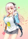  1girl blush breasts cat_tail headphones highres hoodie kuronohana large_breasts long_hair looking_at_viewer nitroplus pink_hair pom_pom_(clothes) red_eyes smile solo super_sonico tail 